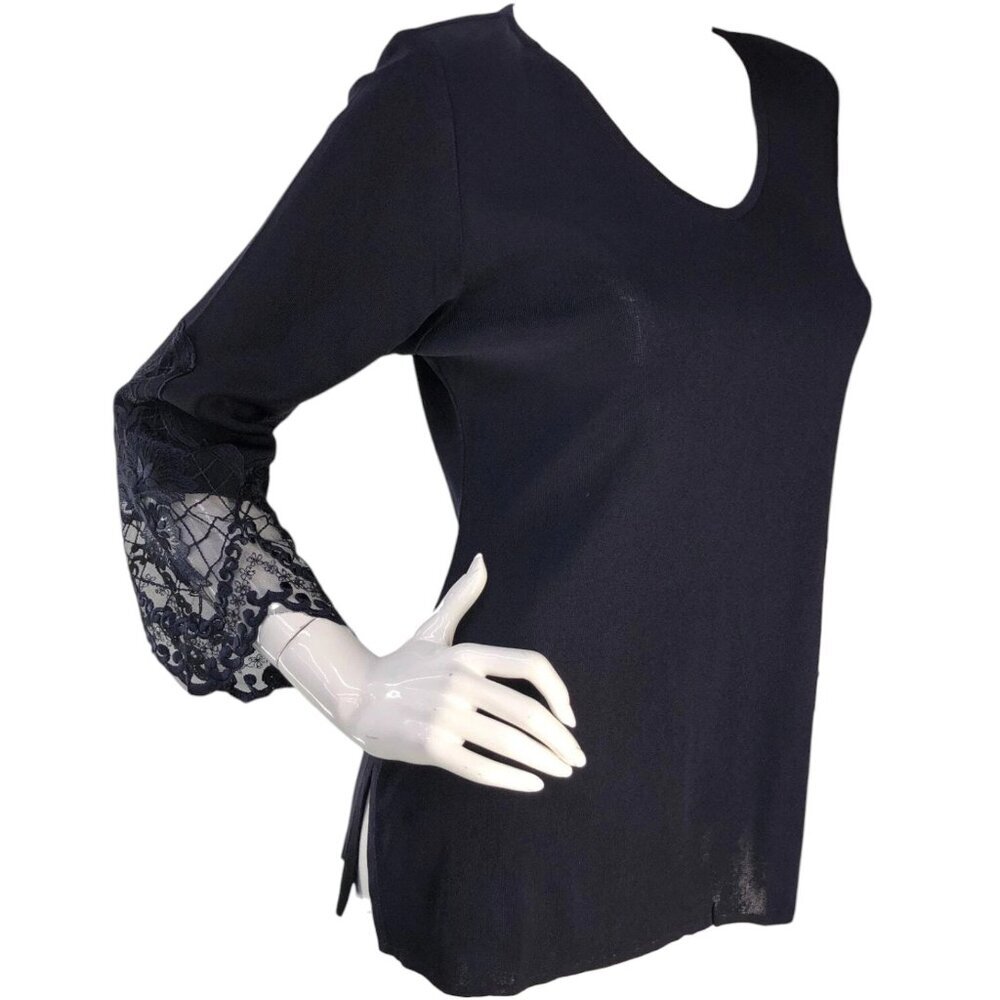Exclusively Misook Lace-Tipped V-Neck Top - Deep Navy - XL